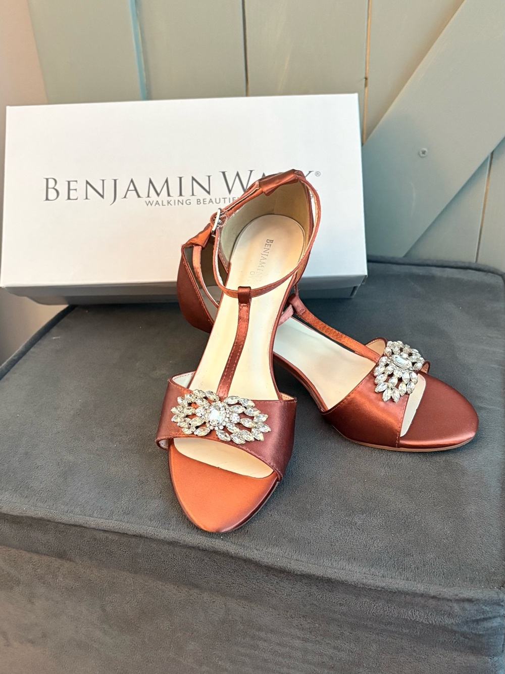Benjamin Walk Copper Satin T-Strap Sandals with Crystal Accent